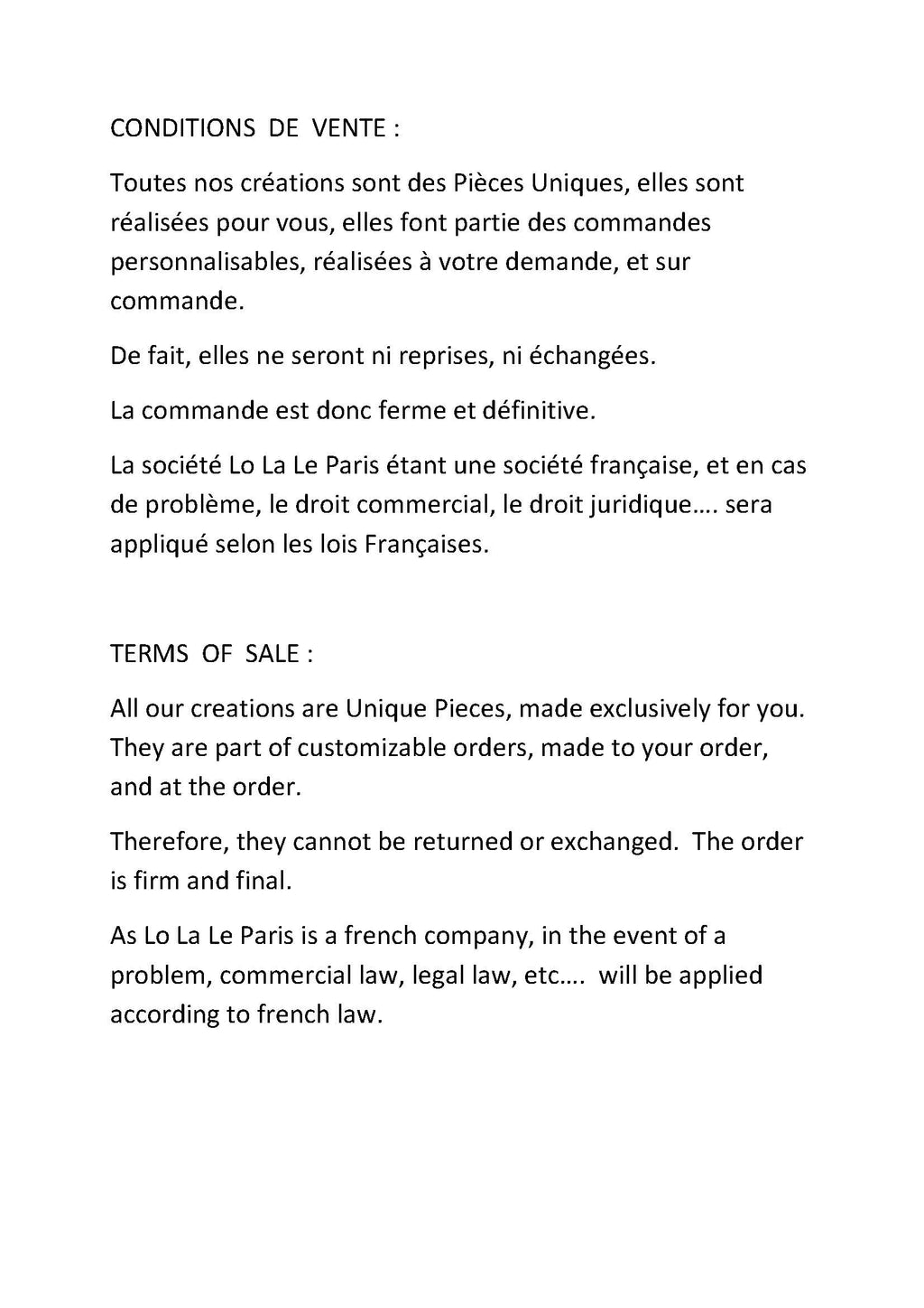 Condition de Vente de nos pièces uniques faites à la main