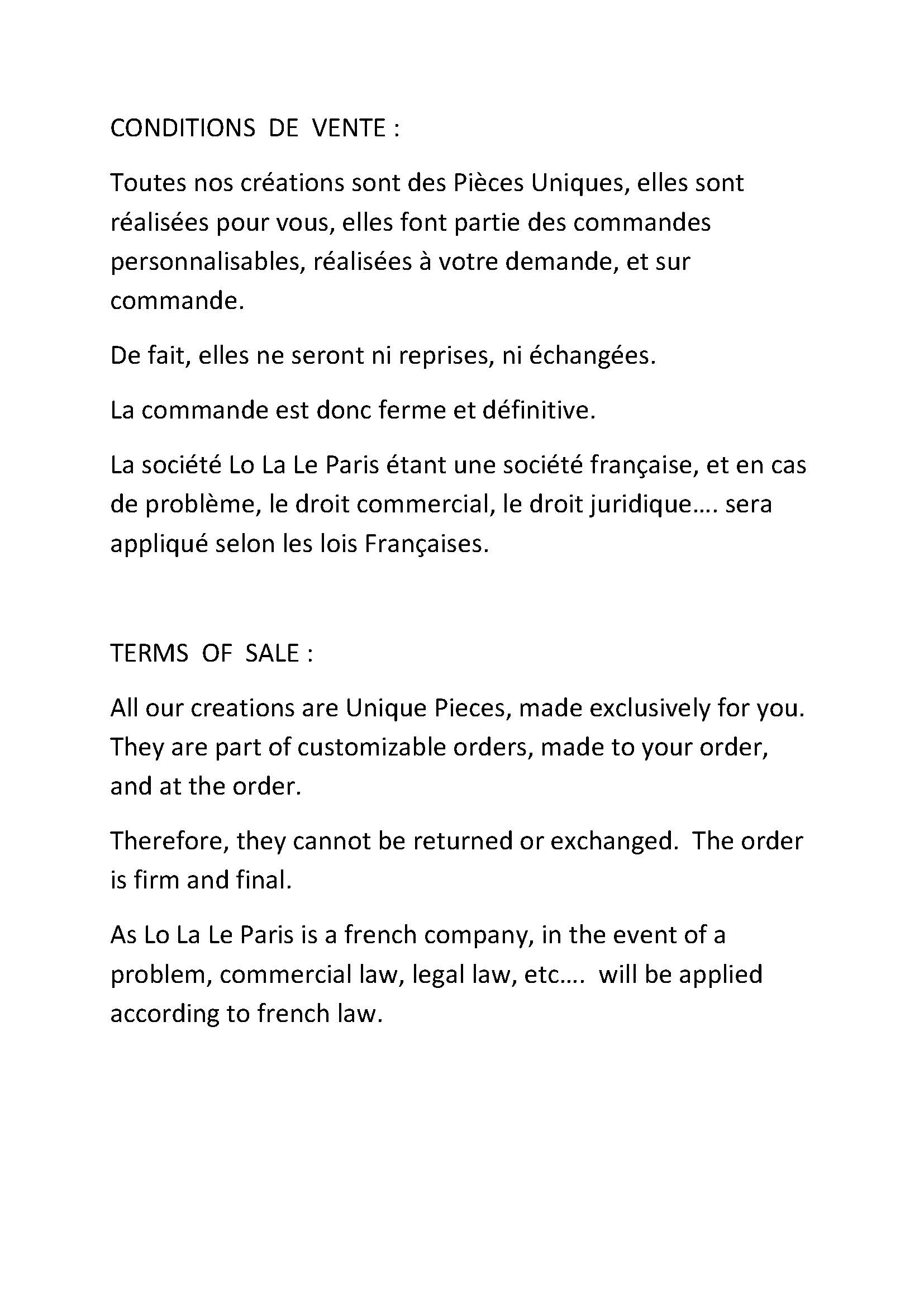 Condition de Vente de nos pièces uniques faites à la main